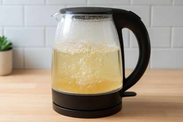 Boil the mixture completely. Let the kettle switch off on its own. Boiling activates the acid and softens the scale fast.