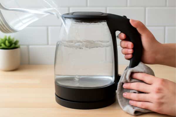Rinse the kettle with clean water. Wipe it gently with a soft cloth. A second boil with plain water clears any leftover smell or taste. 