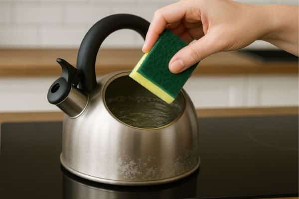 Scrub Gently  to remove scale from tea kettle